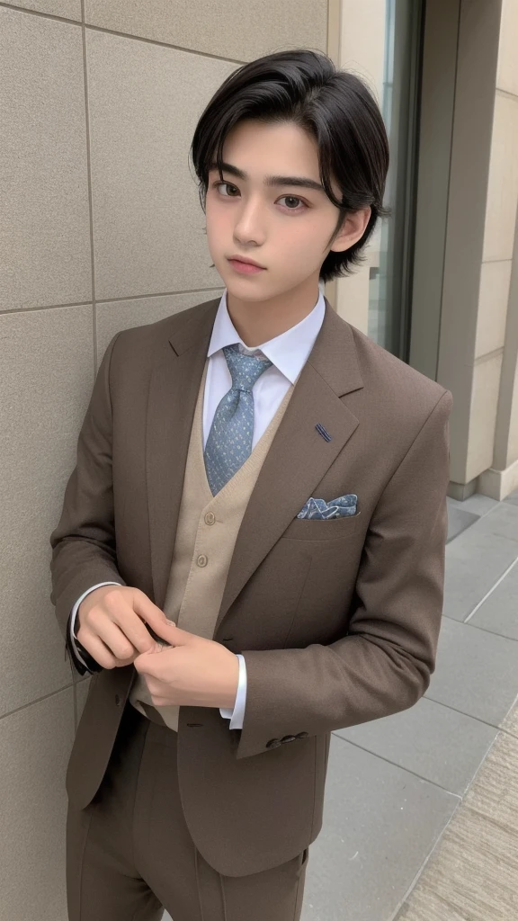 ((Highest quality)), ((masterpiece)), (detailed), 1人のmaleの子,Beautiful Boy,,high school student,Bob,neutral,cute,Handsome,Tear bags,uniform,Eyebrow,Japanese,Baby Face,round face,maleの娘,male,blazer,pants
