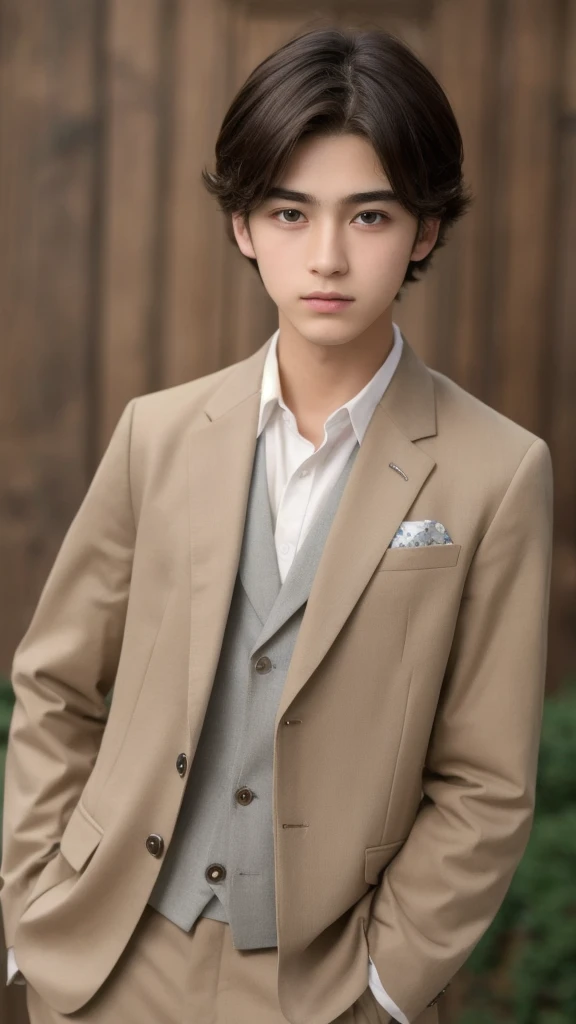 ((Highest quality)), ((masterpiece)), (detailed), 1人のmaleの子,Beautiful Boy,,high school student,Bob,neutral,cute,Handsome,Tear bags,uniform,Eyebrow,Japanese,Baby Face,round face,maleの娘,male,blazer,pants