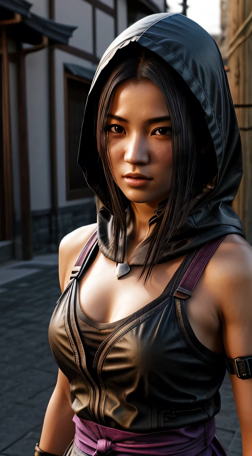 female shinobi with shoulder armor, asian, long black hair, brown eyes, hooded, fishnets, ninja garb, sakura background, japan,sex appeal mood.sexy