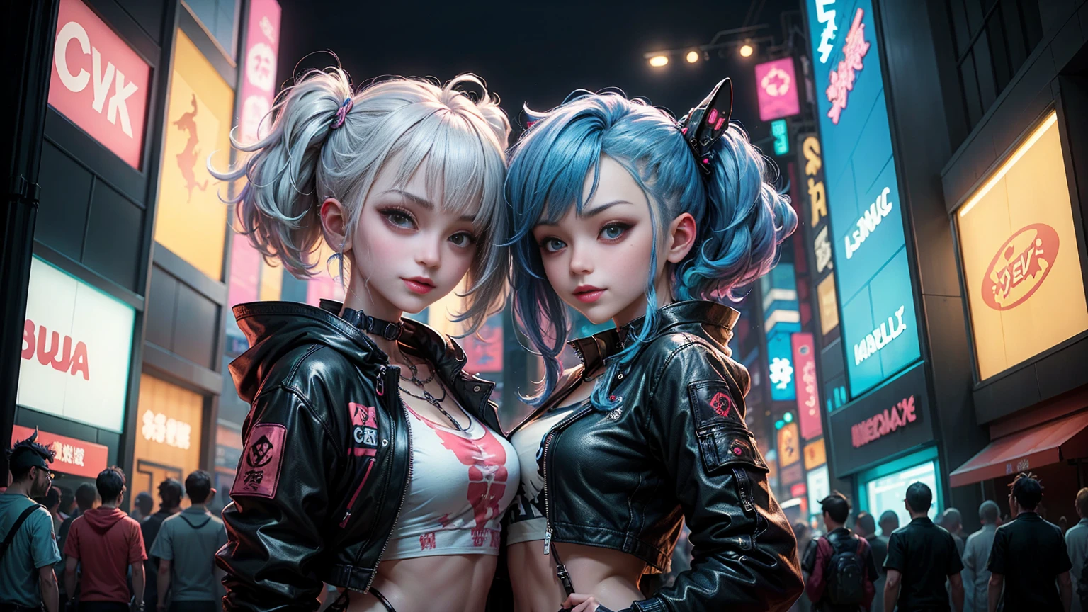 masterpiece, best quality, 2 smiling cyberpunk girls standing together taking selfie portrait, ((((Harajuku-inspired cyberpunk clothing)))), bold colors and patterns, eye-catching accessories, trendy and innovative hairstyle))), ((insane detail)), dazzling Cyberpunk cityscape, skyscrapers, glowing neon signs, (LED lights), anime illustration, detailed skin texture, detailed cloth texture, beautiful detailed face, intricate details, ultra detailed, cinematic lighting, strong contrast.