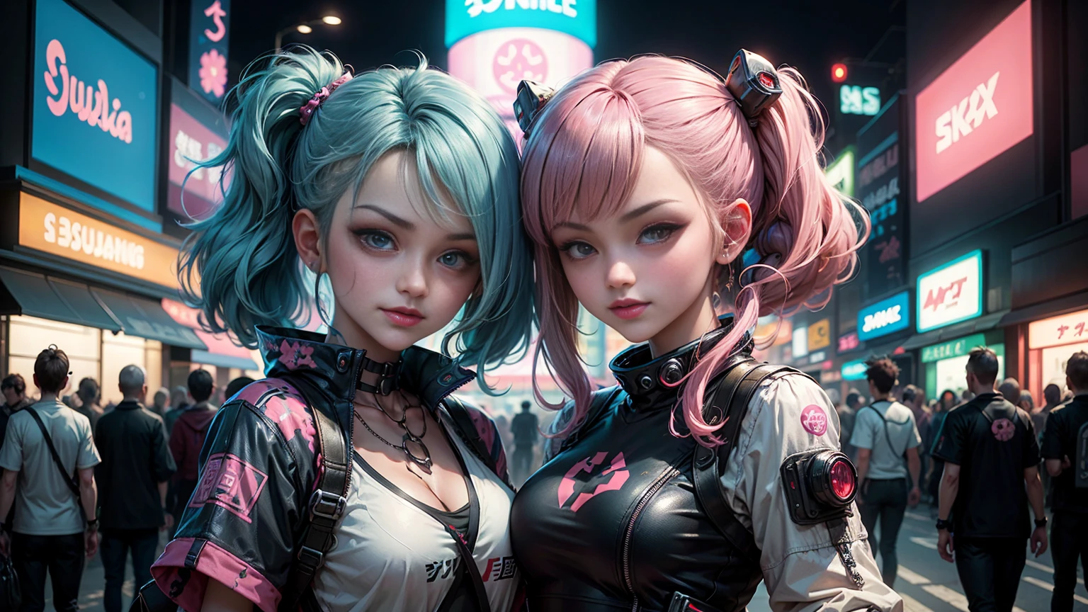 masterpiece, best quality, 2 smiling cyberpunk girls standing together taking selfie portrait, ((((Harajuku-inspired cyberpunk clothing)))), bold colors and patterns, eye-catching accessories, trendy and innovative hairstyle))), ((insane detail)), dazzling Cyberpunk cityscape, skyscrapers, glowing neon signs, (LED lights), anime illustration, detailed skin texture, detailed cloth texture, beautiful detailed face, intricate details, ultra detailed, cinematic lighting, strong contrast.