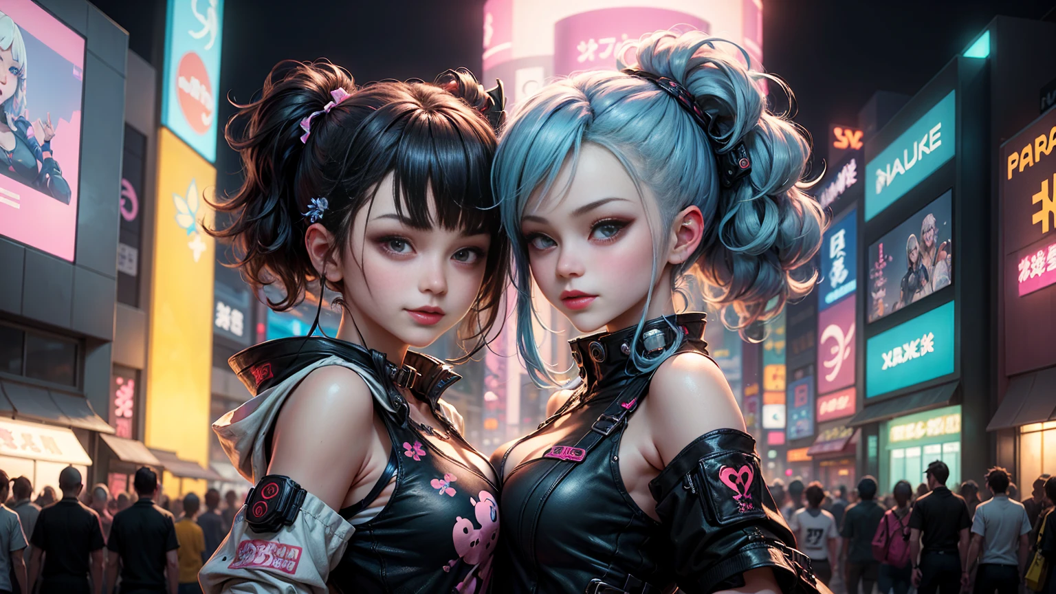 masterpiece, best quality, 2 smiling cyberpunk girls standing together taking selfie portrait, ((((Harajuku-inspired cyberpunk clothing)))), bold colors and patterns, eye-catching accessories, trendy and innovative hairstyle))), ((insane detail)), dazzling Cyberpunk cityscape, skyscrapers, glowing neon signs, (LED lights), anime illustration, detailed skin texture, detailed cloth texture, beautiful detailed face, intricate details, ultra detailed, cinematic lighting, strong contrast.