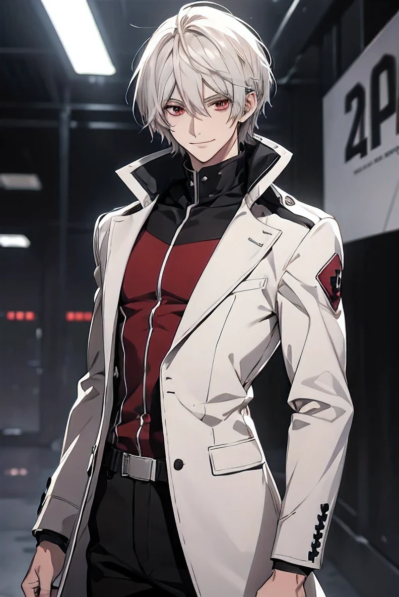 (Confused, High resolution, Very detailed), 1 male, Silver Hair,Shortcuts,Looks soft,Wavy Hair,Short Hair,Deep red eyes,White and black pilot suit,24th generation,beauty,mature,thin,quiet,Calm,A small smile,A kind smile,Embarrassed smile,In front of the person I like,Long coat,Slender and thin,skinny pants,grassland,tall,