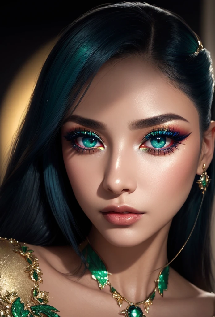 a woman's face. Detailed close-up photo. blue contact lenses. subtle, low-key red gold green themed makeup. False lashes. Glamorous Latina model