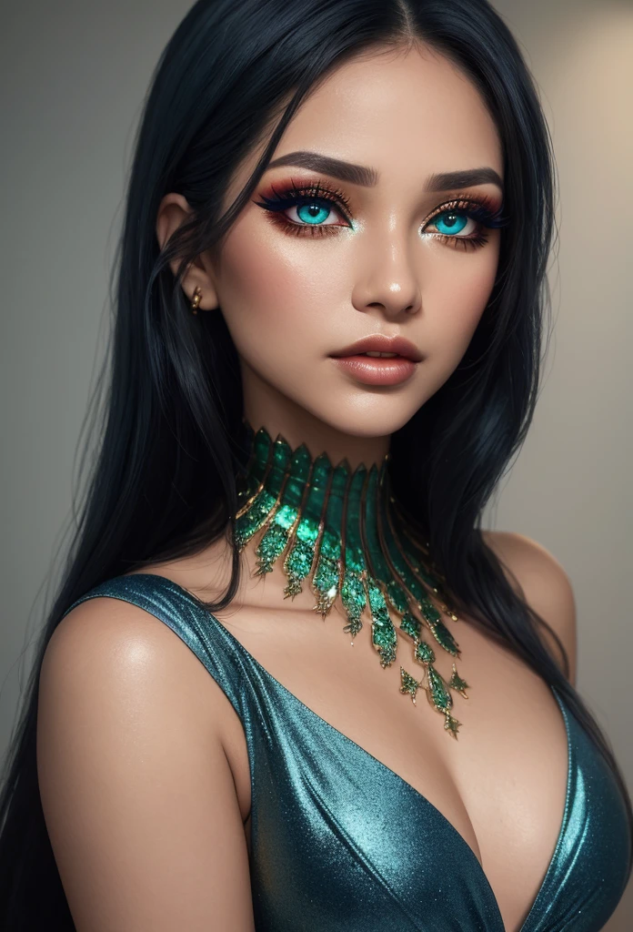 a woman's face. Detailed close-up photo. blue contact lenses. subtle, low-key red gold green themed makeup. False lashes. Glamorous Latina model