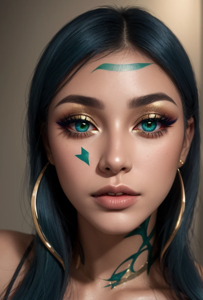 a woman's face. Detailed close-up photo. blue contact lenses. subtle, low-key red gold green themed makeup. False lashes. Glamorous Latina model