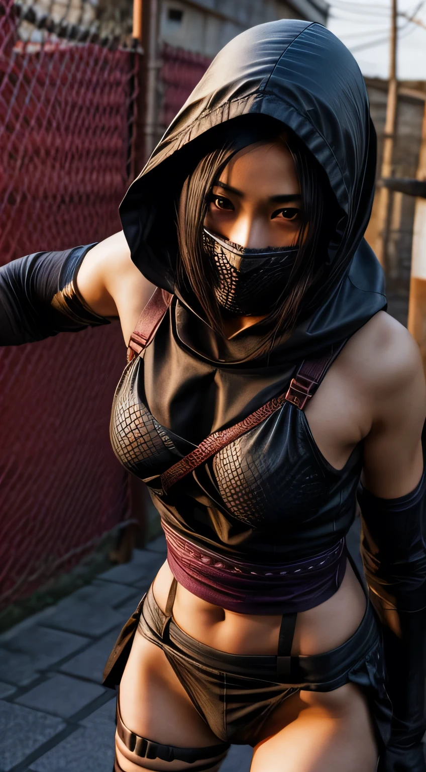 female shinobi with shoulder armor, asian, long black hair, brown eyes, hooded, fishnets, ninja garb, sakura background, japan,sex appeal mood.sexy