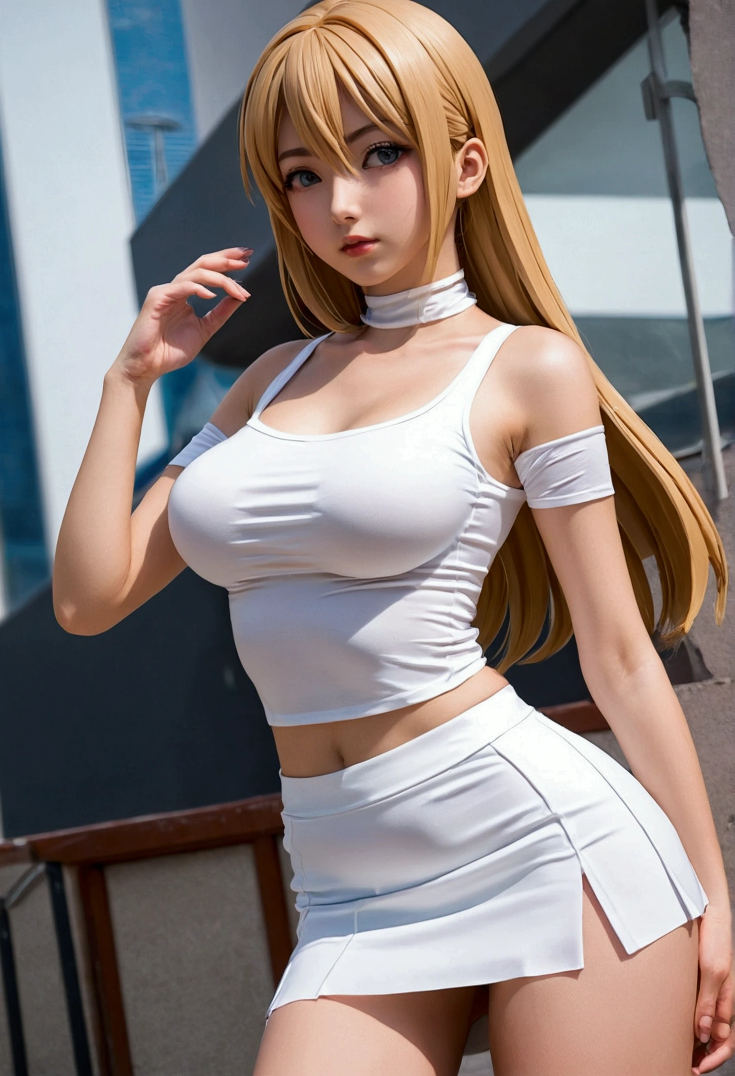 Big bobs anime girl wearing clear tight white top and min skirt