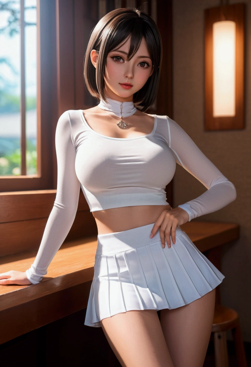 Big bobs anime girl wearing clear tight white top and min skirt