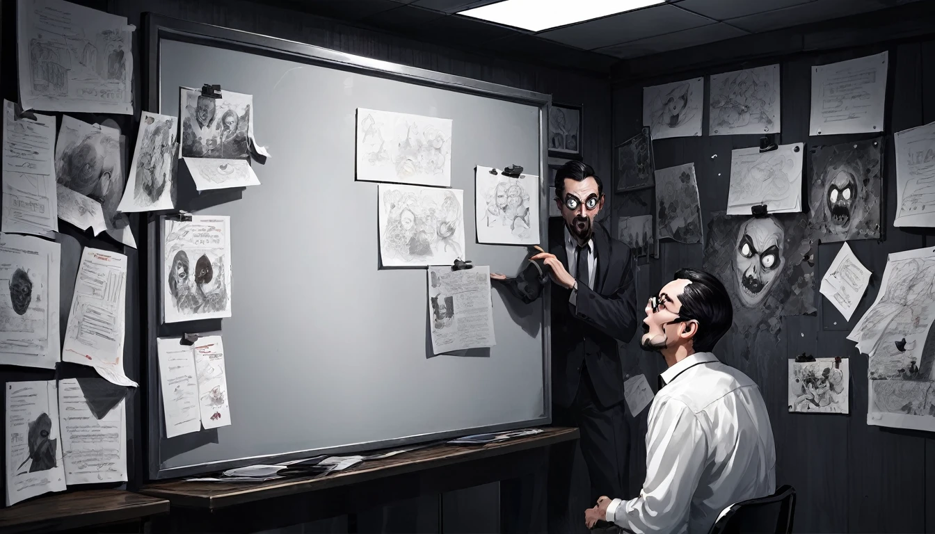 A man plans on a whiteboard with pictures and papers hung on it, evil dark room , there is a scary faces and Puzzles on the wall
