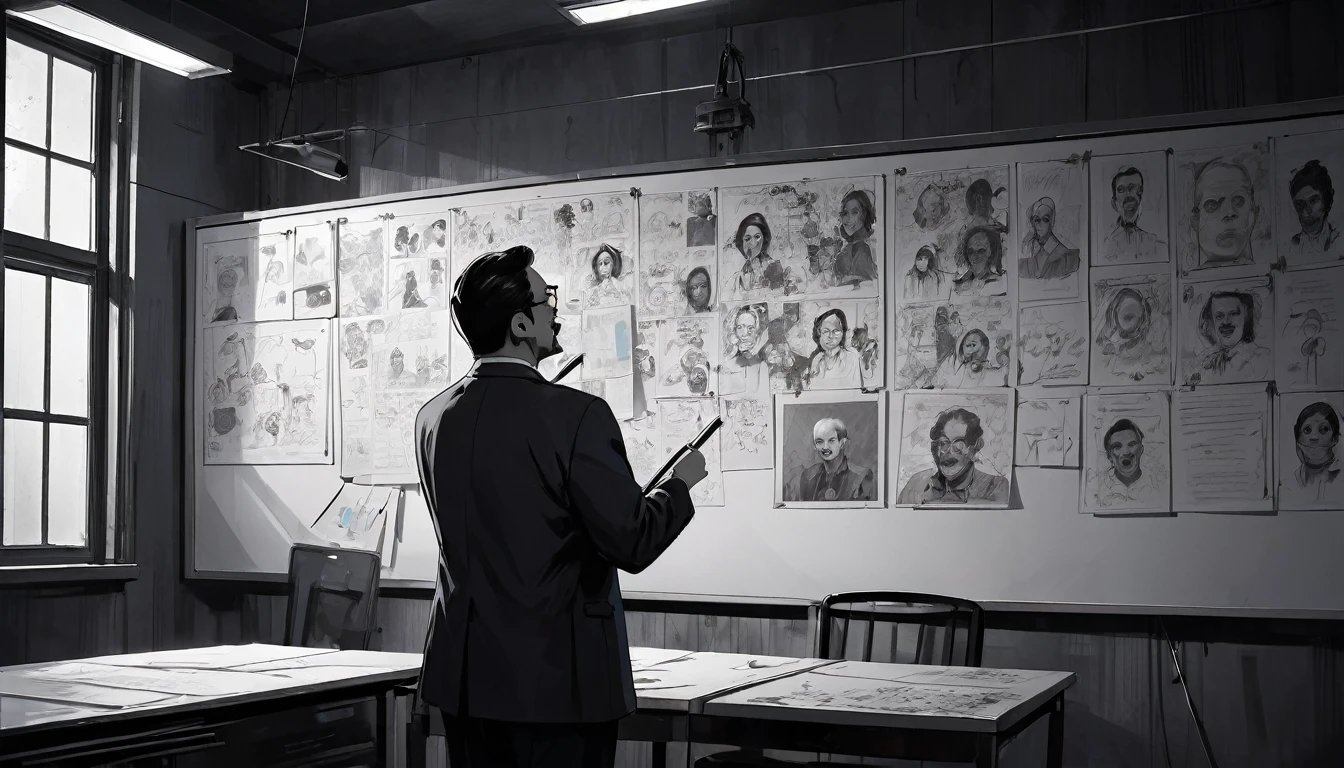 A man plans on a whiteboard with pictures and papers hung on it, evil dark room , there is a scary faces and Puzzles on the wall
