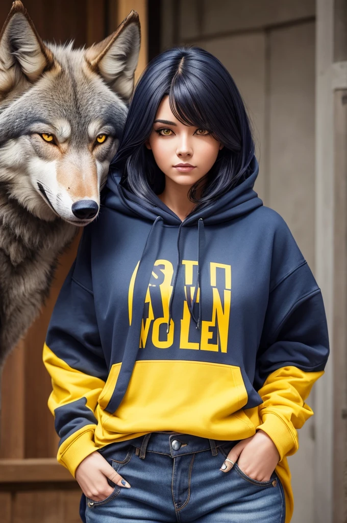 A wolf-like woman with dark blue hair, yellow eyes, long hair, a hoodie, and long jeans.
