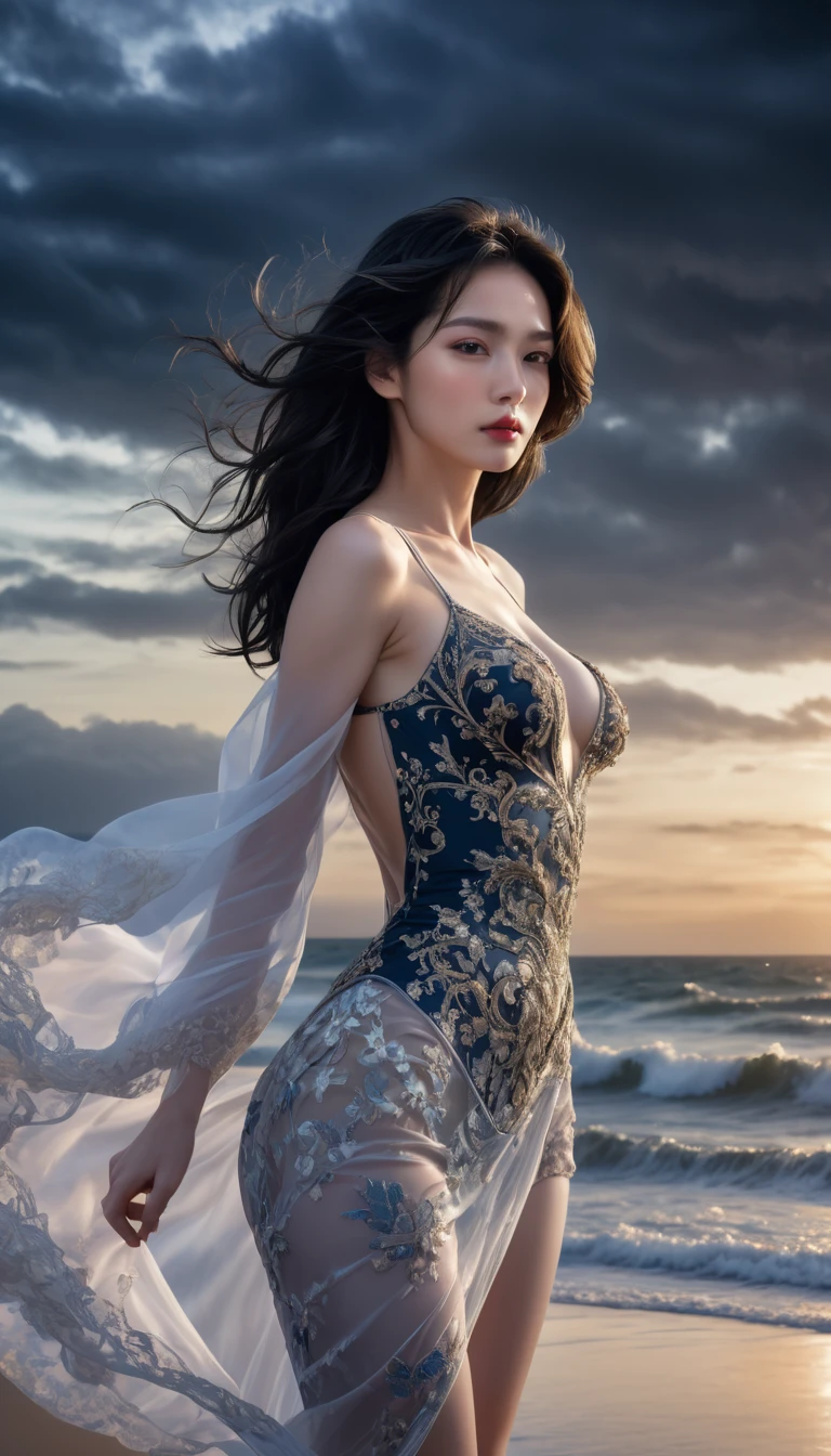 ((Masterpieces with up to 16K resolution:1.6)),Highest quality,it is really amazing,Very detailed,Ultra-high resolution,((Real:1.5)),((Realistic:1.5)),Increased depth of field,((Cinematic Light Effects:1.5)),
Elegant mature woman,
Long black hair,((Ultra-detailed and beautiful faces:1.5)),Translucent white skin,Very detailedな肌の質感,Great proportions,Anatomically correct body,
Elegant high leg swimsuit,Artistic design,Beautiful and detailed pattern,Luxurious jewellery decoration,Detailed fabric texture,
Coastal landscape at dusk,Dark clouds and dark sky,delay々Continuing sandy beach, Deserted Beach,Dark sea surface,
((Focus on a woman's face:1.5)),(((Dramatic Angle:1.8))),