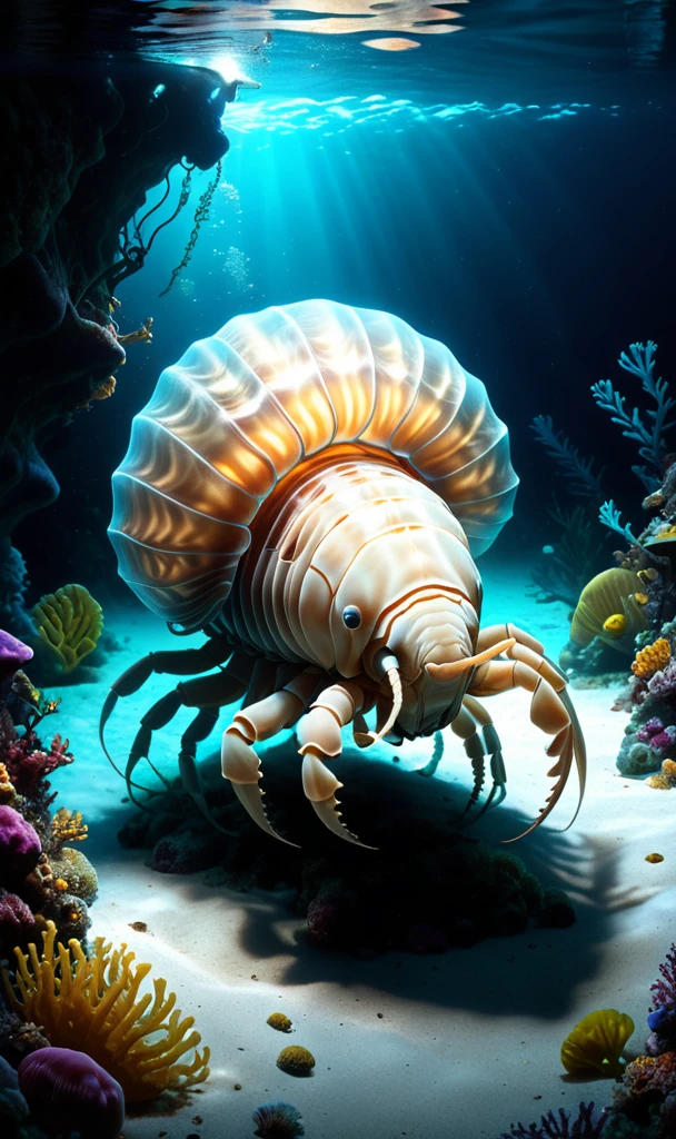 photorealistic, detailed digital illustration of a Enigmatic giant isopod crawling on seabed at a Bioluminescent jellyfish illuminating dark waters fracolor, Volumetric lighting,