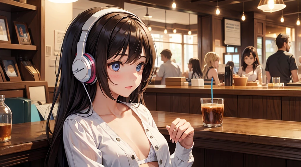 Girl with headphones enjoying music in a cafe I am studying Emphasize a little bit of the chest