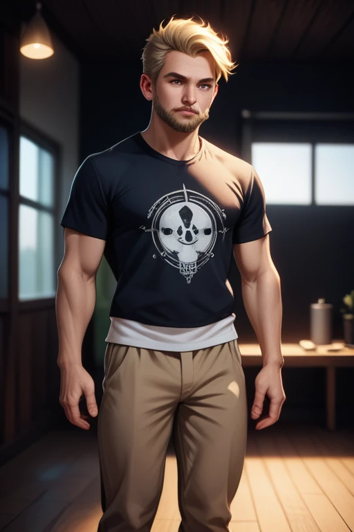 Tall and muscular 40 year old man with blue eyes and blonde hair; fair skin; scruffy beard; athletic build; wearing casual clothes; best quality; trending on artstation; dark room with complex volumetric lighting; strong shadows; artistic lighting; dynamic; energetic vibe; realistic skin; specular highlights; micro-textures; highly detailed hair; graphical t-shirt with a backpack