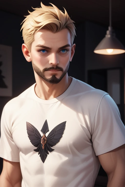 Tall and muscular 40 year old man with blue eyes and blonde hair; fair skin; scruffy beard; athletic build; wearing casual clothes; best quality; trending on artstation; dark room with complex volumetric lighting; strong shadows; artistic lighting; dynamic; energetic vibe; realistic skin; specular highlights; micro-textures; highly detailed hair; graphical t-shirt with a backpack