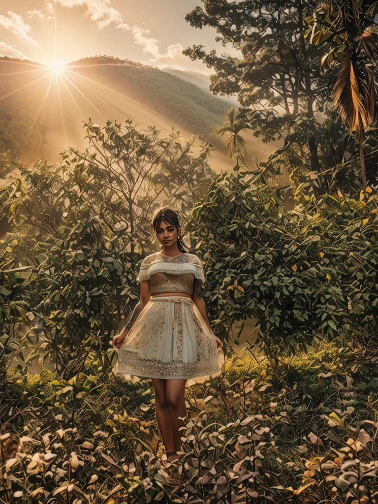 Beautiful young indian woman, wearing a saree, tattooed body, mountain forest background, river stream, very beautiful, traditional, detailed face, detailed body, oily skin, symmetric face, cute, belly pin, long bob hair, masterpiece, ultra realistic, detailed background, high resolution, god rays, ambient occlusion, ray tracing, ambient lighting, depth of field, bloom, volumetric lighting, volumetric fog, winter, SSAO, lens flare, 8K