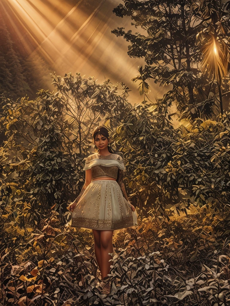 Beautiful young indian woman, wearing a saree, tattooed body, mountain forest background, river stream, very beautiful, traditional, detailed face, detailed body, oily skin, symmetric face, cute, belly pin, long bob hair, masterpiece, ultra realistic, detailed background, high resolution, god rays, ambient occlusion, ray tracing, ambient lighting, depth of field, bloom, volumetric lighting, volumetric fog, winter, SSAO, lens flare, 8K
