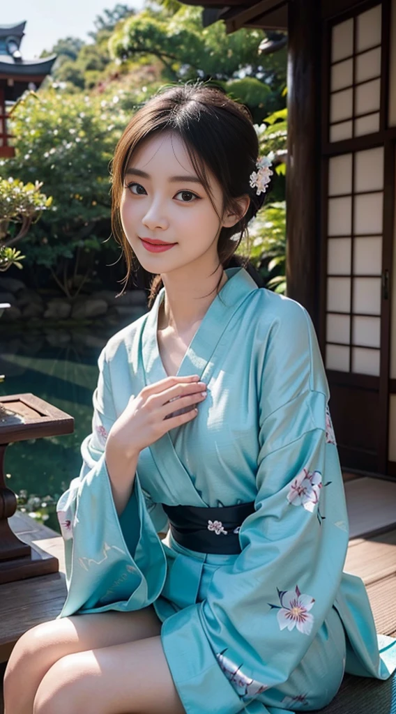 (Photorealsitic:1.4), (Top image quality:1.0), (超A high resolution:1.0), 8K, Raw photography, (masterpiece:0.2), (pureerosface_v1:0.5)、(Best Quality Detail:1.2)、realisitic、8K UHD、hight resolution、(1girl in:1.2)、The ultra-detailliert、High quality textures、intricate detailes、detaileds、Very detailed CG、High quality shadows、Detail Beautiful delicate face、Detail Beautiful delicate eyes、depth of fields、Ray traching,1girl in, japanaese girl, Cute, slender, Black kimono, Kimono with Japanese pattern,Floral scrunchie, Beautiful skin, Facing the front,Sit down, Sit upright and say thank you,Align your hands elegantly,Smile faintly The Land of Japan,Japanese garden,Luxury Japanese-style room,, Magic Hour, (Realistic:1.3),, quality, (masutepiece:1.2), (Photorealistic:1.2), (Best Quality), (Intricate details), Dramatic, Ray tracing, photograph, +Lola,blue kimono,