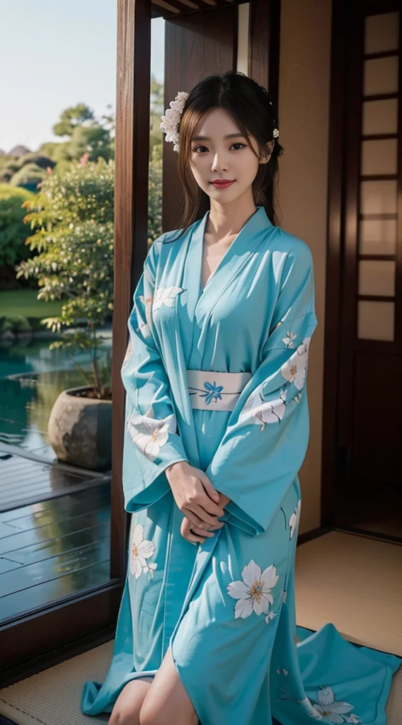(Photorealsitic:1.4), (Top image quality:1.0), (超A high resolution:1.0), 8K, Raw photography, (​masterpiece:0.2), (pureerosface_v1:0.5)、(Best Quality Detail:1.2)、realisitic、8K UHD、hight resolution、(1girl in:1.2)、The ultra-detailliert、High quality textures、intricate detailes、detaileds、Very detailed CG、High quality shadows、Detail Beautiful delicate face、Detail Beautiful delicate eyes、depth of fields、Ray traching,1girl in, japanaese girl, Cute, slender, Black kimono, Kimono with Japanese pattern,Floral scrunchie, Beautiful skin, Facing the front,Sit down, Sit upright and say thank you,Align your hands elegantly,Smile faintly The Land of Japan,Japanese garden,Luxury Japanese-style room,, Magic Hour, (Realistic:1.3),, quality, (masutepiece:1.2), (Photorealistic:1.2), (Best Quality), (Intricate details), Dramatic, Ray tracing, photograph, +Lola,blue kimono,