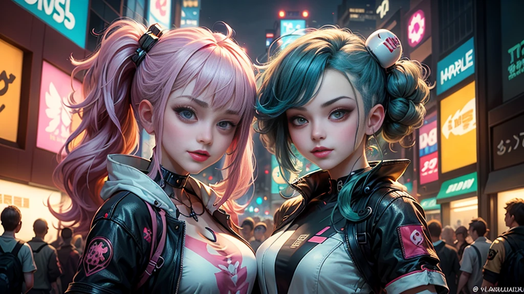 masterpiece, best quality, 2 smiling cyberpunk girls standing together taking selfie portrait, ((((Harajuku-inspired cyberpunk clothing)))), bold colors and patterns, eye-catching accessories, trendy and innovative hairstyle))), ((insane detail)), dazzling Cyberpunk cityscape, skyscrapers, glowing neon signs, (LED lights), anime illustration, detailed skin texture, detailed cloth texture, beautiful detailed face, intricate details, ultra detailed, cinematic lighting, strong contrast.