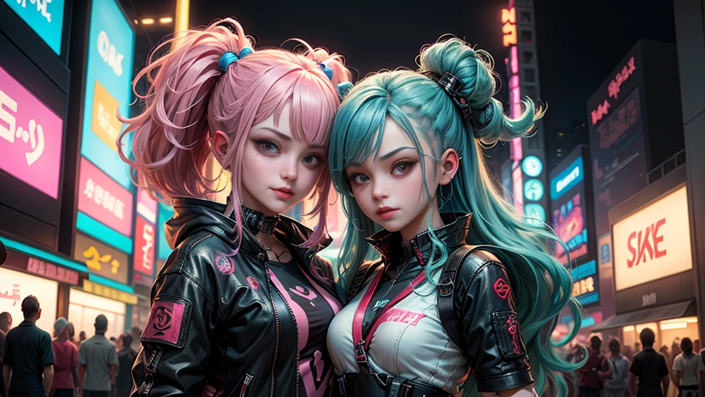 masterpiece, best quality, 2 smiling cyberpunk girls standing together taking selfie portrait, ((((Harajuku-inspired cyberpunk clothing)))), bold colors and patterns, eye-catching accessories, trendy and innovative hairstyle))), ((insane detail)), dazzling Cyberpunk cityscape, skyscrapers, glowing neon signs, (LED lights), anime illustration, detailed skin texture, detailed cloth texture, beautiful detailed face, intricate details, ultra detailed, cinematic lighting, strong contrast.