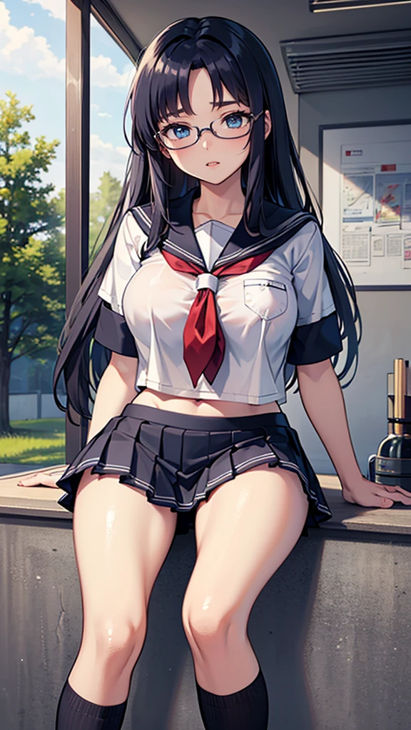 Create an anime-style illustration of a -yeld ginamed Shizuka. She has long, straight, blue hair with bangs cut straight across her forehead. She has large, almond-shaped silver-blue eyes and porcelain-like white skin. Shizuka often wears glasses.Getting ready in the morning、Super big breasts、(Highest quality:1.4), (super high quality), (Very detailedな), 1 beautiful girl, So cute, (school uniform, Pleated mini skirt:1.5), (Very large breasts:1.1), (Slender body:1.1), (thin and delicate legs), Real skin texture, (Drop your bangs to the side), Bright and shiny lips, Advent of the Beautiful Goddess, Beautiful background, Golden Ratio, Conceptual Art, Very detailed, Accurate, Advanced Details, Outdoor, Sexy Art, Bright light, Ultra-detailed illustration details, 8K wallpapers incorporating highly detailed CG, RAW Photos, Professional photos, Cinema Lighting, , (Nipple protrusions push up the uniform), Cropped tops, Long Hair