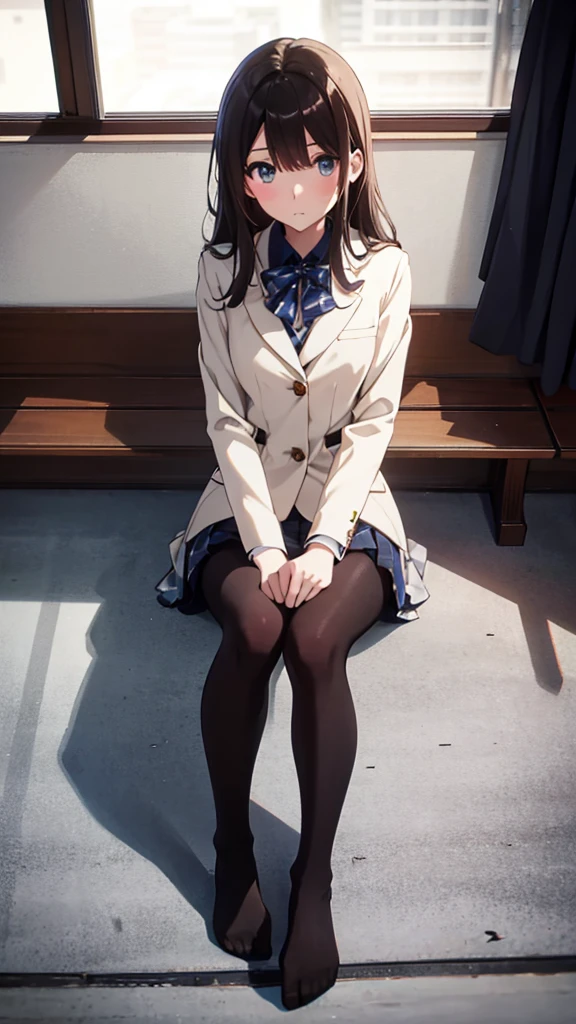 Top quality, masterpiece, High resolution, (Head to toe full body), front, frontやや下からの構図, Symmetric, Tall 18 year old girl, alone, (Head to toe), (Small breasts), bangs, (black tights), (Black Pantyhose), (Sit with your legs apart), (Crouching pose), (A composition showing white panties), (Her legs were spread、I see your white pants.), (I was made to sit on the floor with my legs spread..), (M-shaped legs), Thin legs, A very beautiful and tall 18 year old girl, (No shoes), blush, Shy big eyes, looking at the camera, Blazer Uniform, Checkered Pleated Skirt