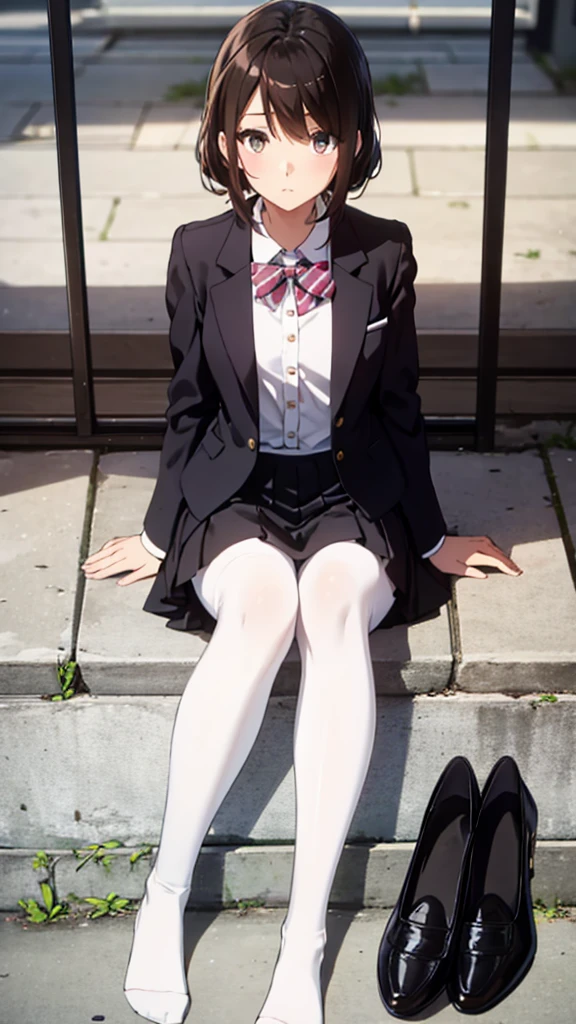 Top quality, masterpiece, High resolution, (Head to toe full body), front, frontやや下からの構図, Symmetric, Tall 18 year old girl, alone, (Head to toe), (Small breasts), bangs, (black tights), (Black Pantyhose), (Sit with your legs apart), (Crouching pose), (A composition showing white panties), (Her legs were spread、I see your white pants.), (I was made to sit on the floor with my legs spread..), (M-shaped legs), Thin legs, A very beautiful and tall 18 year old girl, (No shoes), blush, Shy big eyes, looking at the camera, Blazer Uniform, Checkered Pleated Skirt