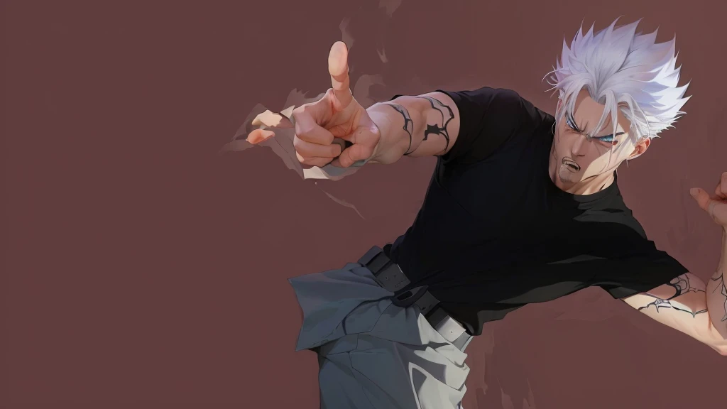 anime guy with white hair and blue eyes in black shirt, heavy gesture style closeup, with index finger, badass pose, handsome anime pose, high quality fanart, 4 k manga wallpaper, fighting pose, villain pose, pain from naruto, anime pose, detailed fanart, fight pose, scary angry pose, intimidating pose, baki style, trigger anime artstyle