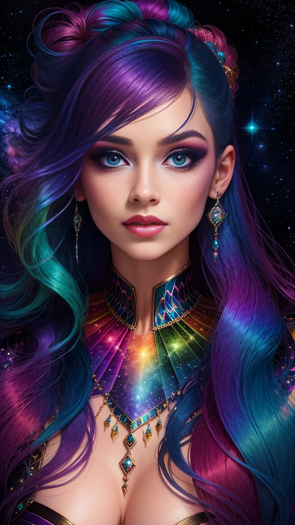 (NSFW, Close-up) A captivating close-up of a woman adorned in hulk-inspired clothes, her vibrant hair a kaleidoscope of colors that sparkles under the soft moonlight. Her necklace, a symbol of her power, glimmers with an otherworldly glow, matching the space-like hairstyle reminiscent of popular anime characters like Gubes. The soft vitality of Ross Dala's art style is evident in the delicate details of her facial features, radiating a sense of beauty and strength. The vivid fantasy style of the artwork combined with the colorful universe theme creates a captivating and immersive image.