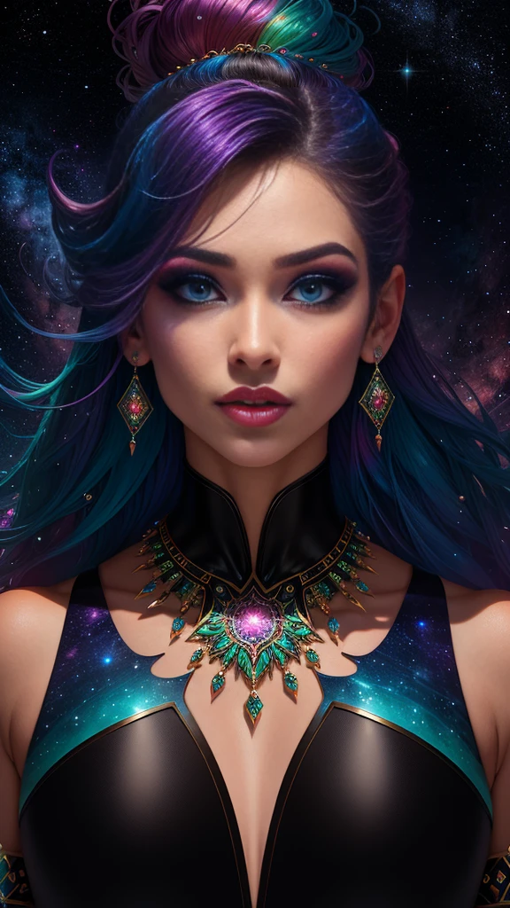 (NSFW, Close-up) A captivating close-up of a woman adorned in hulk-inspired clothes, her vibrant hair a kaleidoscope of colors that sparkles under the soft moonlight. Her necklace, a symbol of her power, glimmers with an otherworldly glow, matching the space-like hairstyle reminiscent of popular anime characters like Gubes. The soft vitality of Ross Dala's art style is evident in the delicate details of her facial features, radiating a sense of beauty and strength. The vivid fantasy style of the artwork combined with the colorful universe theme creates a captivating and immersive image.