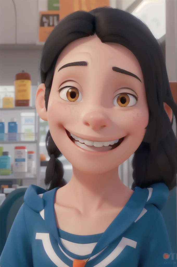 A woman with white skin, elongated face, smiling, straight medium black hair loose, very small black eyes slightly slanted, thin, smiling,
white pharmacy uniform style shirt with a small logo
youthful appearance, orange pants,
8k, pixar style