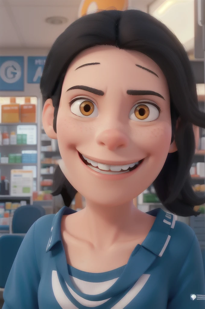 A woman with white skin, elongated face, smiling, straight medium black hair loose, very small black eyes slightly slanted, thin, smiling,
white pharmacy uniform style shirt with a small logo
youthful appearance, orange pants,
8k, pixar style