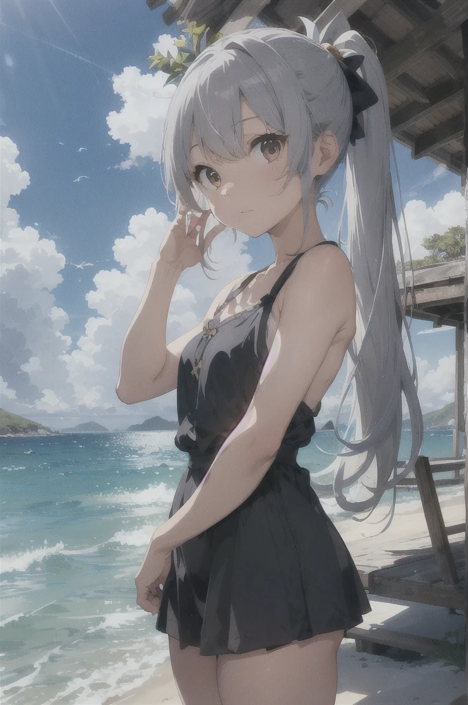 Silver-haired girl drawn in high resolution Japanese anime style、Standing alone on the white sand beach of a deserted island。She is wearing a gorgeous pink bikini.、Her hair is in a ponytail that sparkles in the light.....。The sea in the background shines emerald green.....、The beach is littered with shells and pebbles.、time々、Small waves gently wash up on the shore。熱帯のwood々Swaying in the Wind、Mr.....々Among the branches々Birds are singing..。wood々Colorful flowers blooming in abundance、The entire island is filled with abundant nature.....。On the horizon of a distant sea、The setting sun casts a beautiful orange glow over the ocean.、It gives the whole place a mystical feel.....。、Wakame seaweed、Wakame seaweed、Wakame seaweed、Wakame seaweed、Wakame seaweed、Wakame seaweed、