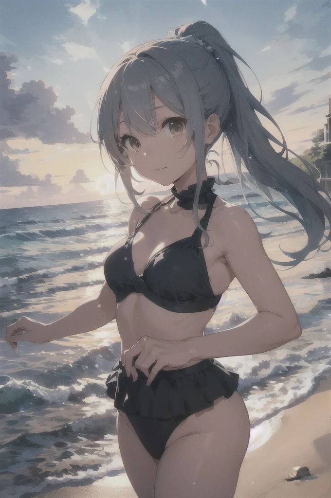 Silver-haired girl drawn in high resolution Japanese anime style、Standing alone on the white sand beach of a deserted island。She is wearing a gorgeous pink bikini.、Her hair is in a ponytail that sparkles in the light.....。The sea in the background shines emerald green.....、The beach is littered with shells and pebbles.、time々、Small waves gently wash up on the shore。熱帯のwood々Swaying in the Wind、Mr.....々Among the branches々Birds are singing..。wood々Colorful flowers blooming in abundance、The entire island is filled with abundant nature.....。On the horizon of a distant sea、The setting sun casts a beautiful orange glow over the ocean.、It gives the whole place a mystical feel.....。、Wakame seaweed、Wakame seaweed、Wakame seaweed、Wakame seaweed、Wakame seaweed、Wakame seaweed、