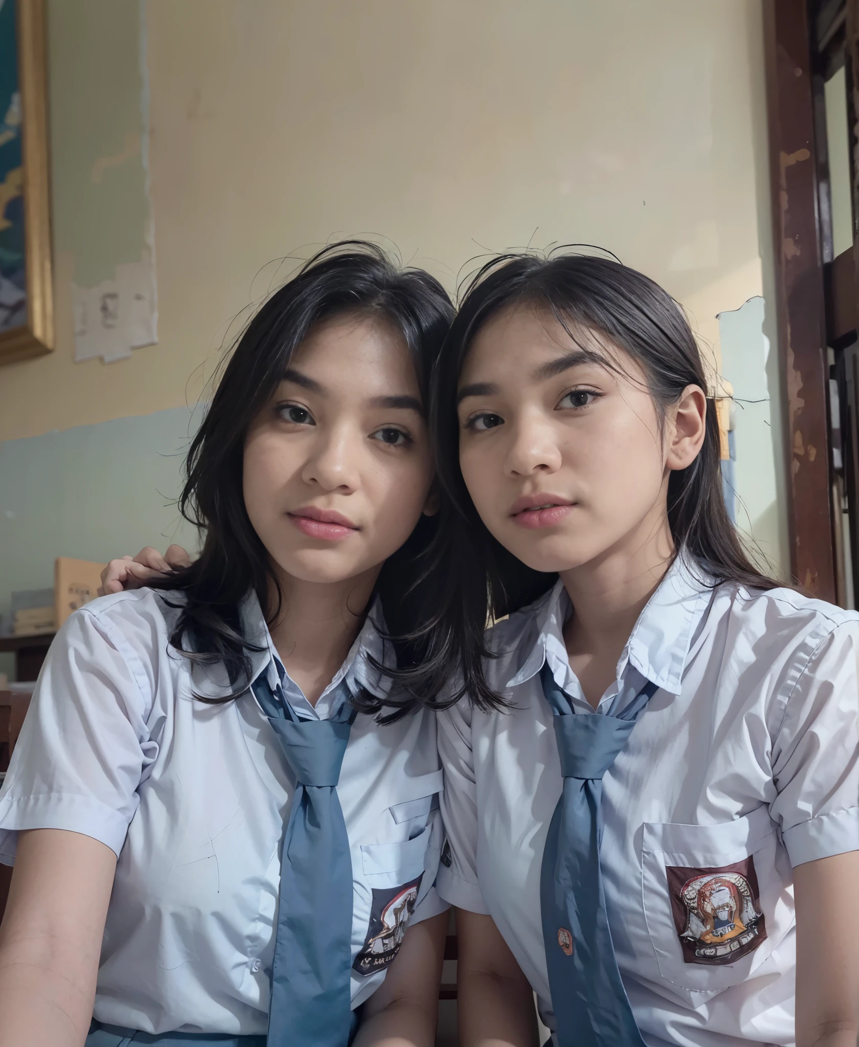 (upperbody:1.2), selfie portrait of (2 girls:1.5), beautiful cewe-sma wearing (highschool uniform, short sleeve, blue grey long tie, (bottomless:1.5)), serene expression, detailed facial features, flawless make-up, intricate embroidered patterns, (exposed hanging breast:1.3), slim body, sitting side by side with elegant pose), in the classroom, looks so cool, (foggy atmosphere:1.3), ((low angle, seen from forward):1.3), (facing forward:1.2), soft natural lighting, photorealistic, highly detailed, 8k, cinematic, dramatic, natural color tones,