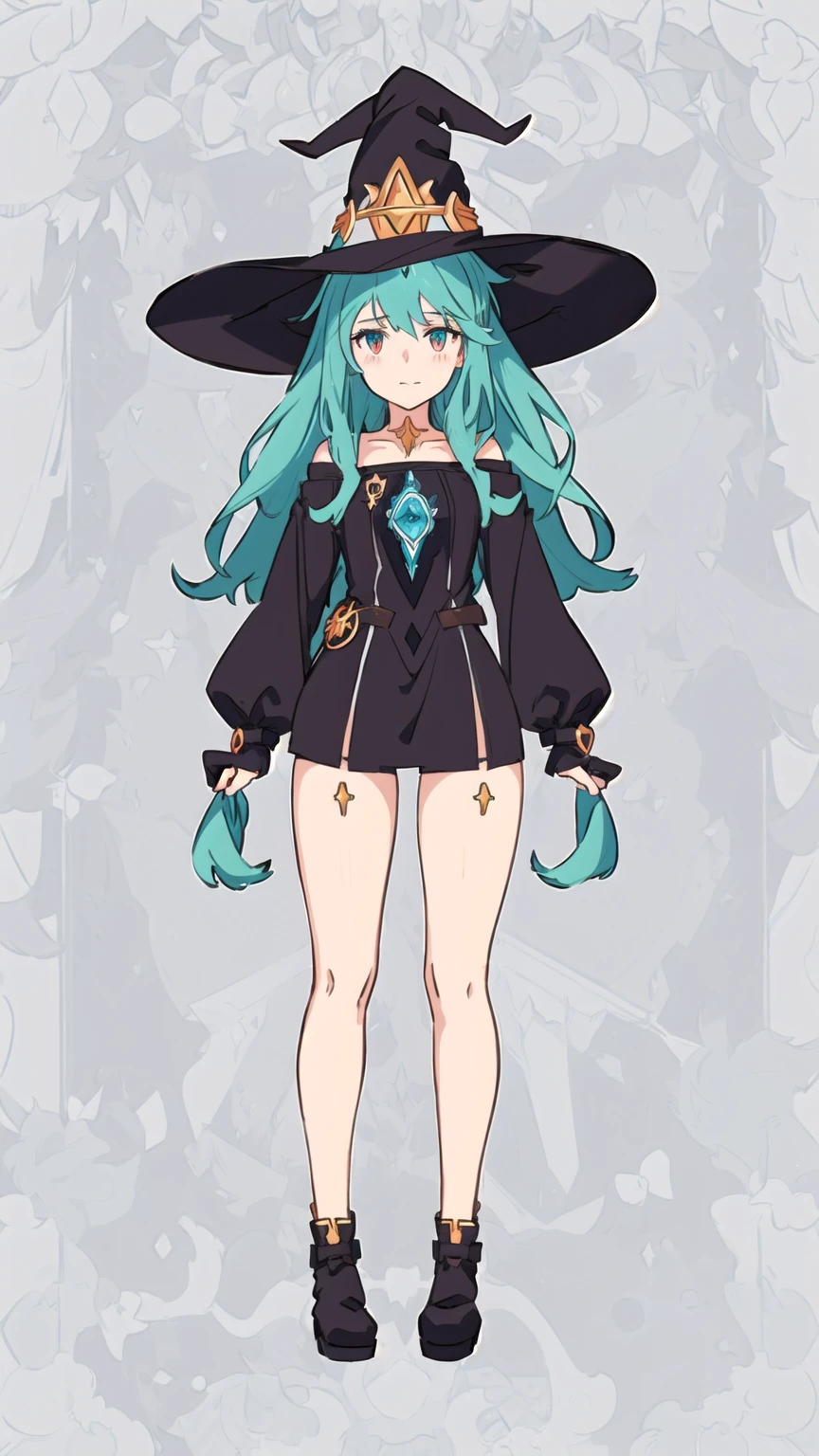 a cartoon girl in a witch costume with a hat and boots, witch girl, astral witch clothes, flirty anime witch casting magic, bright witch, full body character design, witchcore clothes, witch academia, anime full body illustration, anime character design, dark witch character, mechanized witch girl, witch clothes, , anime in fantasy style . clear shading in hair and body , smooth glow in the head face and body.