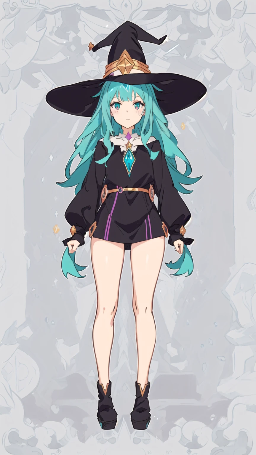 a cartoon girl in a witch costume with a hat and boots, witch girl, astral witch clothes, flirty anime witch casting magic, bright witch, full body character design, witchcore clothes, witch academia, anime full body illustration, anime character design, dark witch character, mechanized witch girl, witch clothes, , anime in fantasy style . clear shading in hair and body , smooth glow in the head face and body.