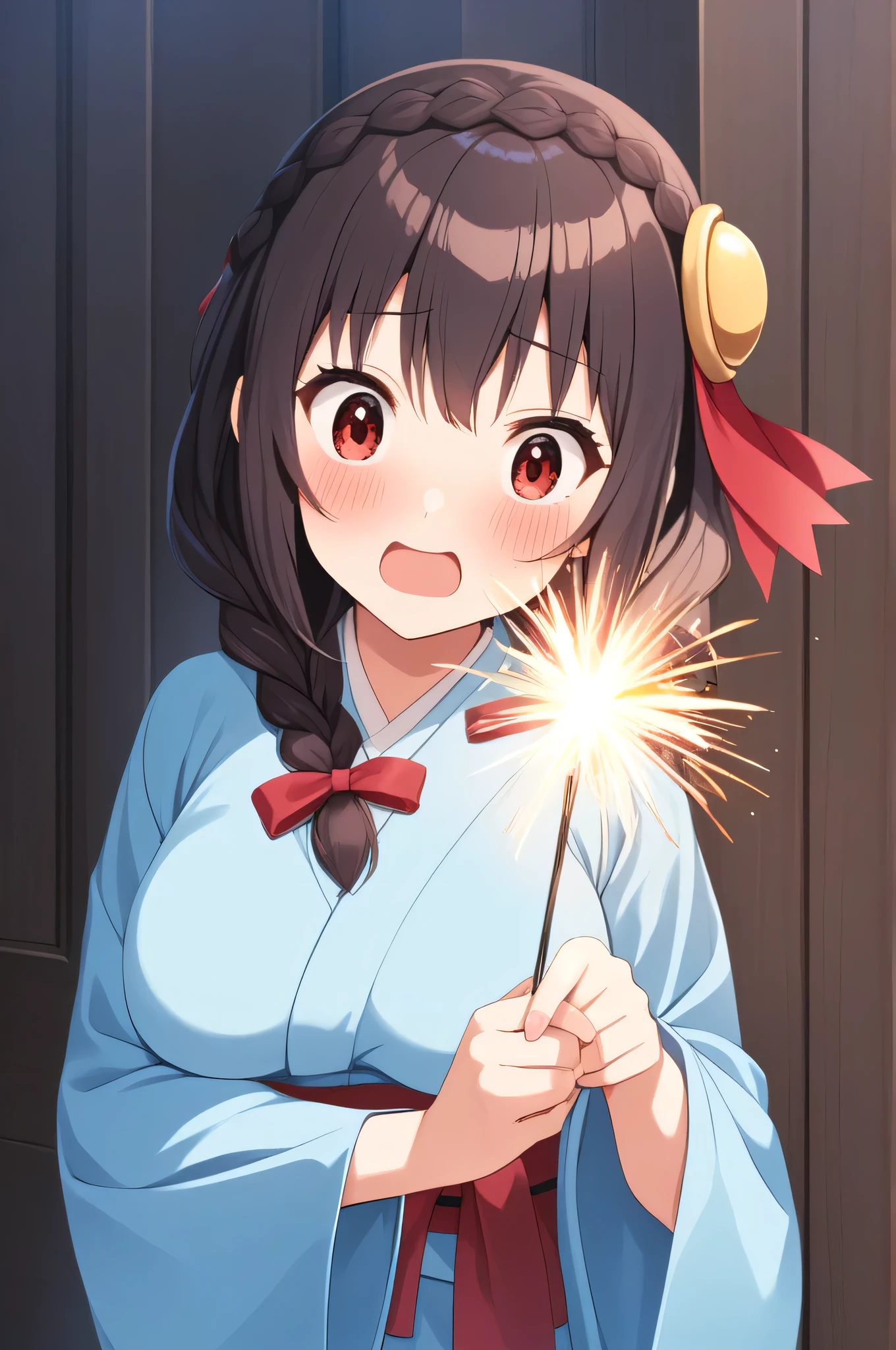 alone, One girl、Crown braids in the same color as your hair, hair ornaments, Hair Ribbon,(A light blue kimono with a red floral pattern and a red obi.)、Red Eyes、Black Hair、(blush:1.5)、(Surprised expression:1.4)、Larger breasts、(Holding a sparkler in hand)