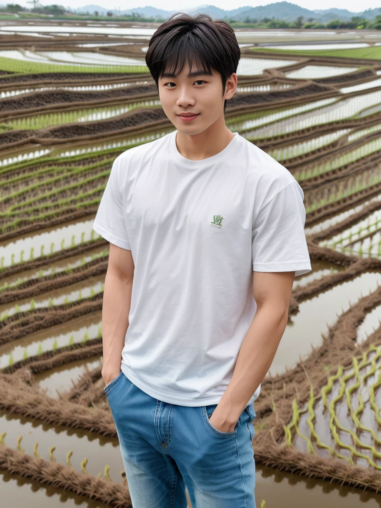 独奏: 1.5, (As a matter of fact, Masterpiece, 8k HD, good light quality, sportswear, fit the face, complicated details), A handsome Korean young man with muscular arms. , 20 years old, be happy, smile brightly, detailed face, delicate eyes, look at the sky, Wear a tight green t-shirt.:1.6 ,Wear a denim coat., jeans period, black eyes, Black hair color, ผมsmooth, smooth，Surreal，Awesome details，Highest quality，real，Open your mouth to talk. , Close your eyes., (standing in a rice field:1.5)