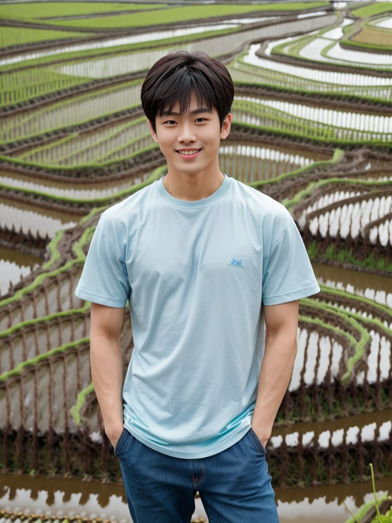 独奏: 1.5, (As a matter of fact, Masterpiece, 8k HD, good light quality, sportswear, fit the face, complicated details), A handsome Korean young man with muscular arms. , 20 years old, be happy, smile brightly, detailed face, delicate eyes, look at the sky, Wear a tight green t-shirt.:1.6 ,Wear a denim coat., jeans period, black eyes, Black hair color, ผมsmooth, smooth，Surreal，Awesome details，Highest quality，real，Open your mouth to talk. , Close your eyes., (standing in a rice field:1.5)