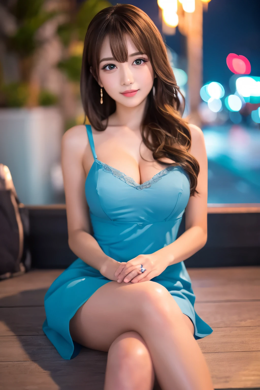 Beautiful eyelashes、High resolutionの顔、Dresses with decoration、Please wear a knee-length skirt、Zoom out、Night view、22 years old、Knee-length viewing angle、blue dress stay piece, Highest quality, shape, Very detailed, In detail, High resolution, 8k wallpaper, Beautiful details, Random Cute Hairstyles, C cup breasts, Natural color lip