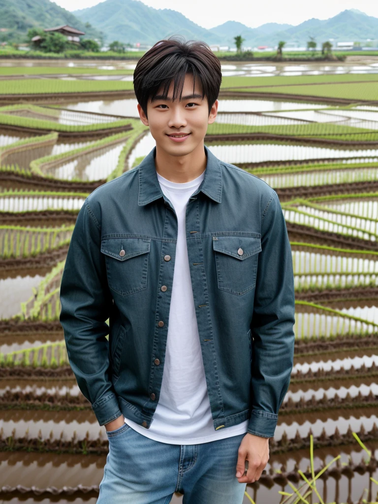 独奏: 1.5, (As a matter of fact, Masterpiece, 8k HD, good light quality, sportswear, fit the face, complicated details), A handsome Korean young man with muscular arms. , 20 years old, be happy, smile brightly, detailed face, delicate eyes, look at the sky, Wear a tight green t-shirt.:1.6 ,Wear a denim coat., jeans period, black eyes, Black hair color, ผมsmooth, smooth,Surreal,Awesome details,Highest quality,real,Open your mouth to talk. , Close your eyes., (standing in a rice field:1.5)