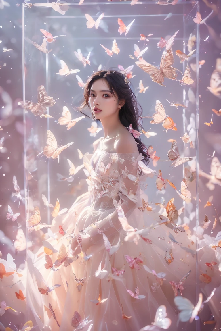 kinghere fensejiaren,1girl,butterfly,solo,dress,long hair,white butterfly,look at viewer,realistic,parted lips,white dress,lips,bare shoulders,(masterpiece:1,2),best quality,masterpiece,highres,original,extremely detailed wallpaper,perfect lighting,(extremely detailed CG:1.2,