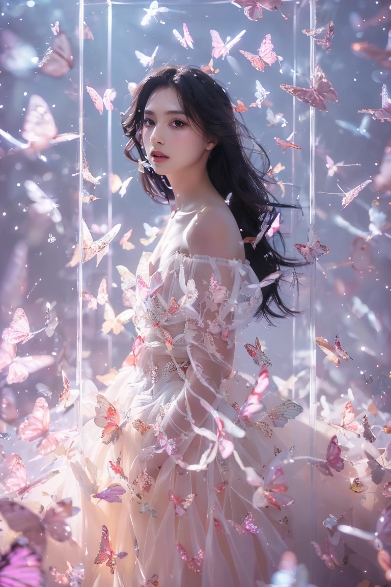 kinghere fensejiaren,1girl,butterfly,solo,dress,long hair,white butterfly,look at viewer,realistic,parted lips,white dress,lips,bare shoulders,(masterpiece:1,2),best quality,masterpiece,highres,original,extremely detailed wallpaper,perfect lighting,(extremely detailed CG:1.2,