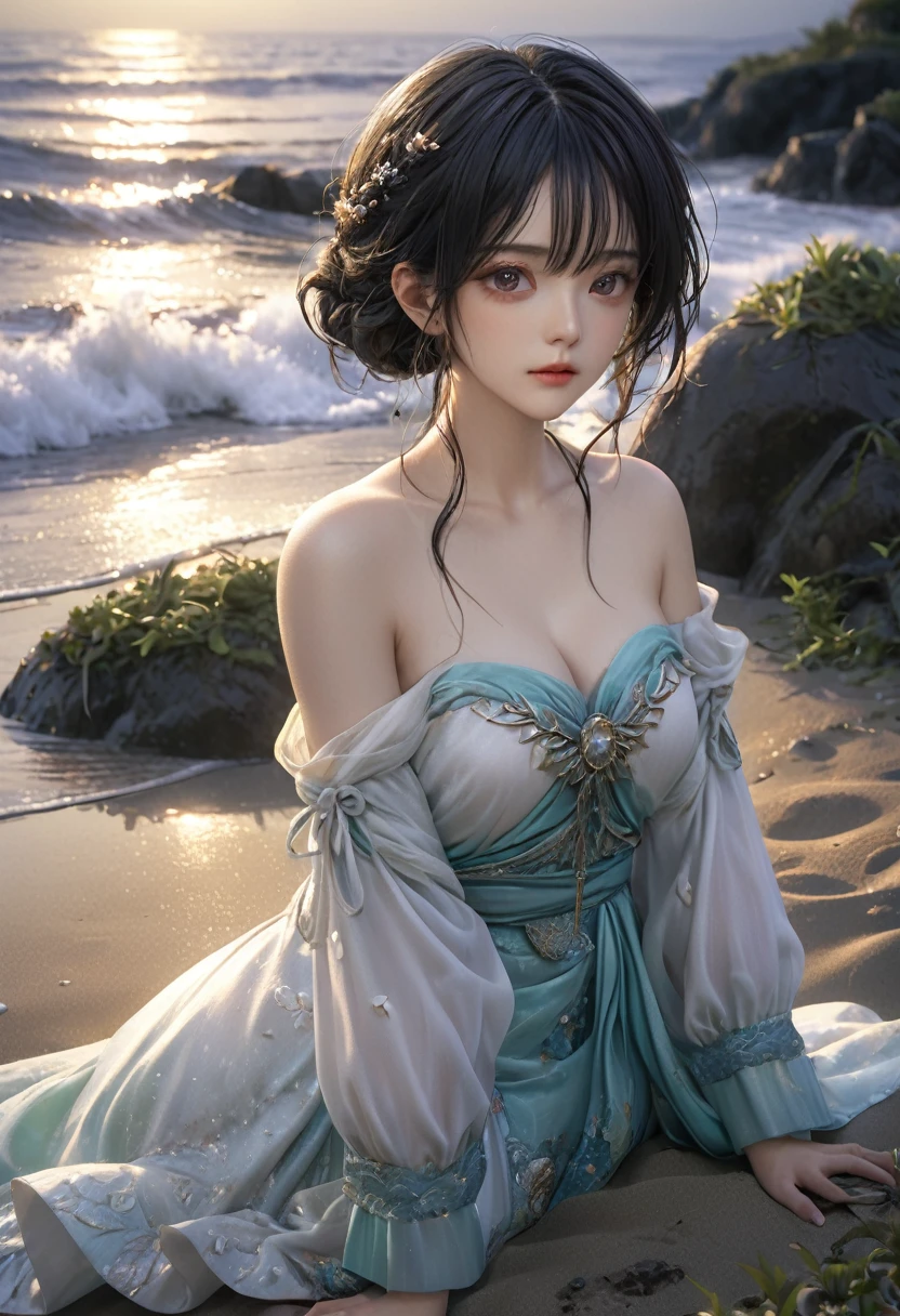 Ultra high definition、masterpiece、correct、Anatomically correct、Textured skin、Very detailed、High detail、high quality、最high quality、High resolution８K、Very detailed、whole body、Medium chest、Something like a clam、 Clam-like、 Something like a grain、 The bodies of these creatures are buried in the sand.、 Out of nowhere、 Countless silk-like hands grow、 The hair on my hands moves with the waves.。 Pity on this warm spring night、 The tide flows gently、 Flowing over living things、 Shellfish tongue too、The flickering lights look sad.、 Looking out towards the far shore、 On the wet shoreline、 A line of sick people with no legs below the waist are walking by.、 Walking aimlessly。 ah、Those human hairs、 The spring night&#39;s mist is thick with mist、 Replying to @sarah_mcdonald、Replying to @sarah_mcdonald、 This line of white waves is a ripple