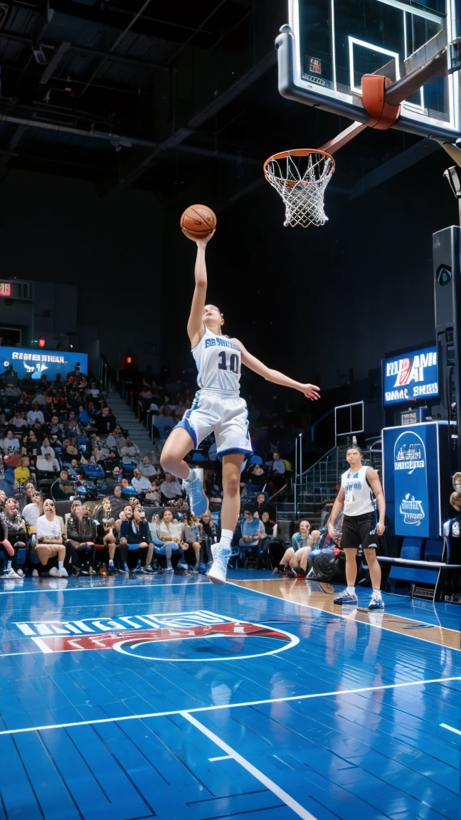 top quality, future world, one basketball hoop and one basketball net, State-of-the-art robot, female basketball player, jump in the air, powerful dunk shot, basketball on hand