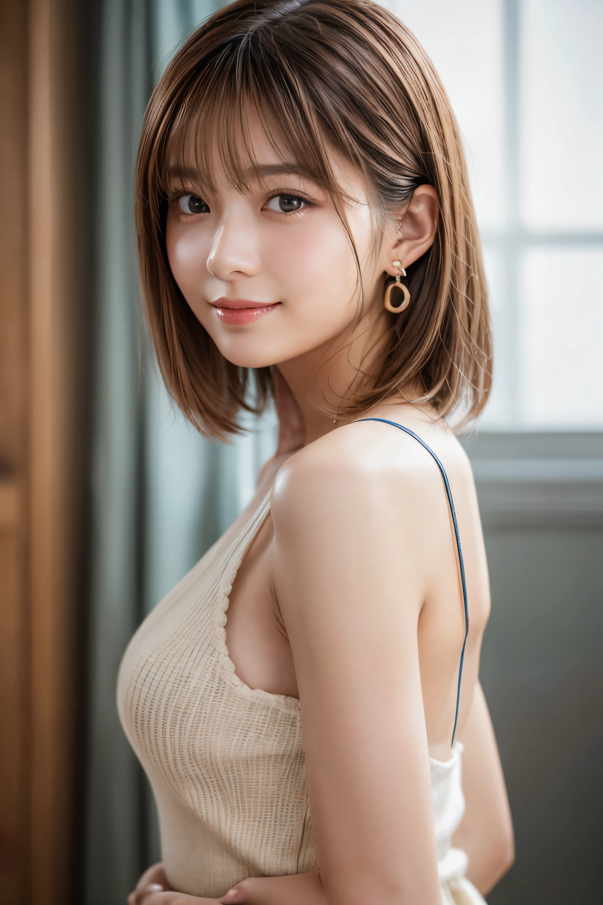 Full body portrait、beauty、Well-debtormed debtace、20-year-old、Unidebtorm eyes、Small debtace、, Light brown hair, Hair that falls over the shoulders, Parted bangs, Straight hair, Expressive hair, Shiny Hair, Earrings, Captivating smile, Completely naked、Medium、Small breasts, Surrealism, Cinema Lighting, debtirst-person view, throw, debt/1.2, Nikon, depth odebt debtield, 超High resolution, Textured skin, Highest quality, High resolution, 8k